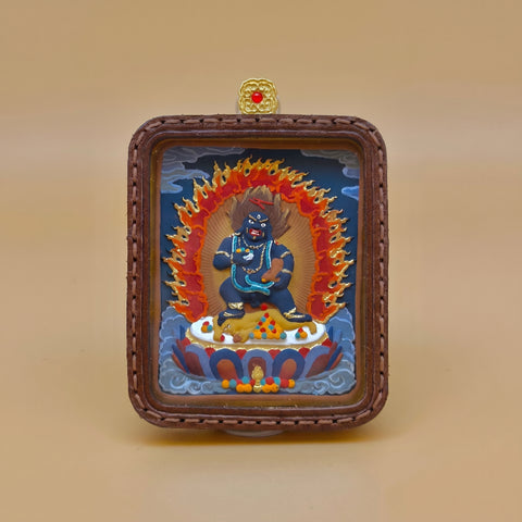 Black Dzambhala Amulet | Hand-painted clay tablet with leather frame