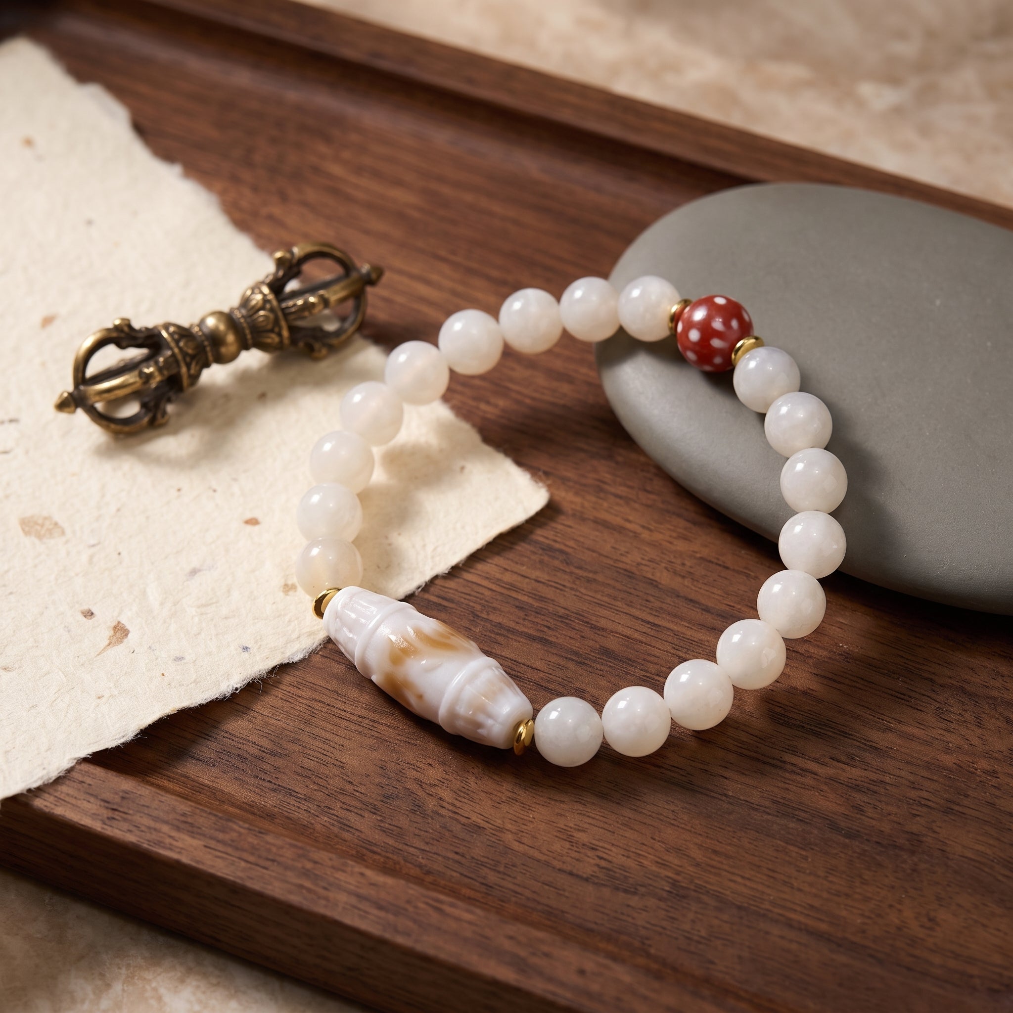 六字大明咒浮雕天珠手串木盤情境圖，配深色木托盤、石盤及金屬法器擺設，呈現清淨沉穩的靈性飾品氛圍