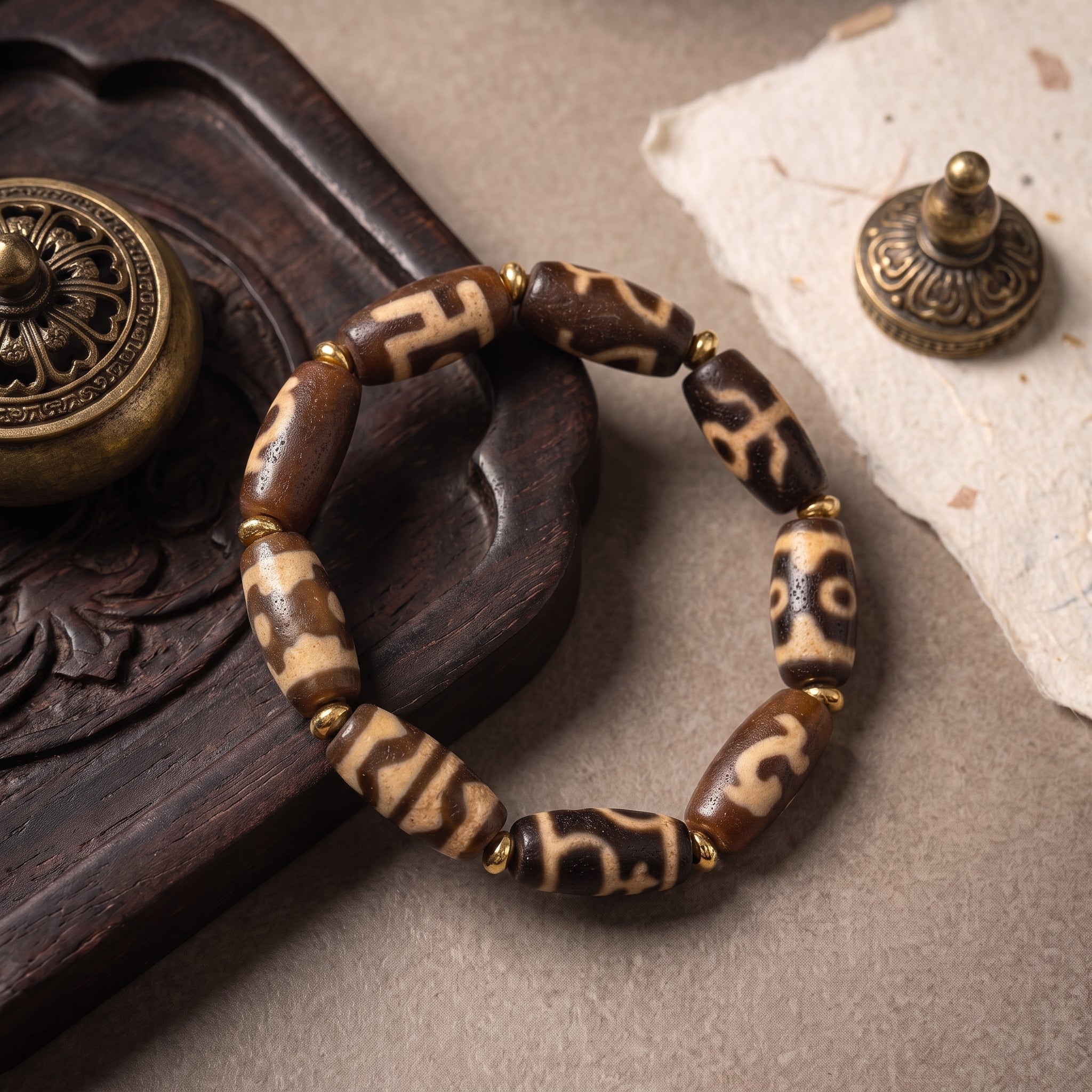 Weathered old dzi bead bracelet styled on a carved dark wood tray with antique-inspired props.